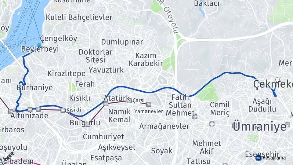 İstanbul Üsküdar Beylerbeyi Çekmeköy Arası Kaç Km - Yol Haritası
