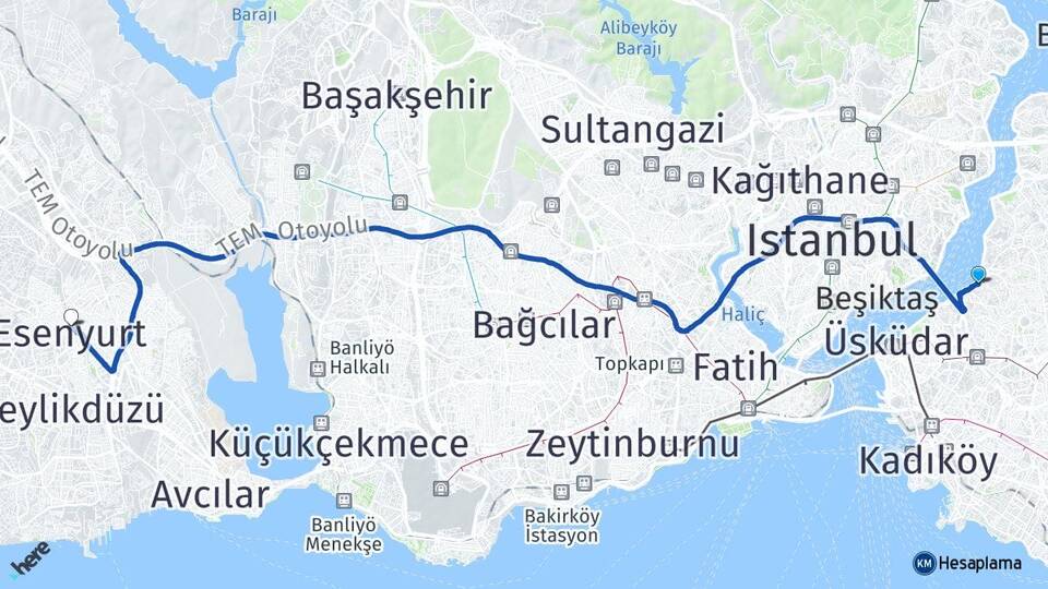 İstanbul Üsküdar Beylerbeyi Esenyurt Arası Kaç Km - Yol Haritası