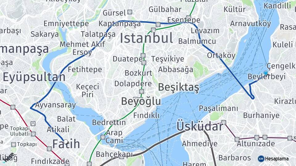İstanbul Üsküdar Beylerbeyi Fatih Arası Kaç Km - Yol Haritası
