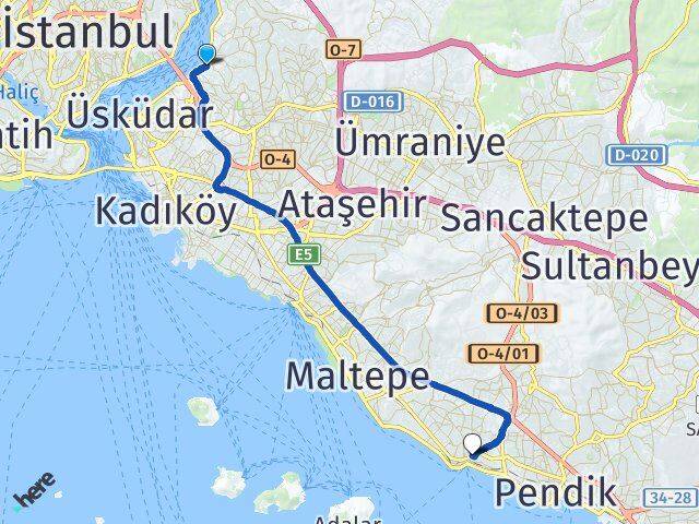 İstanbul Üsküdar Beylerbeyi Kartal Arası Kaç Km - Yol Haritası