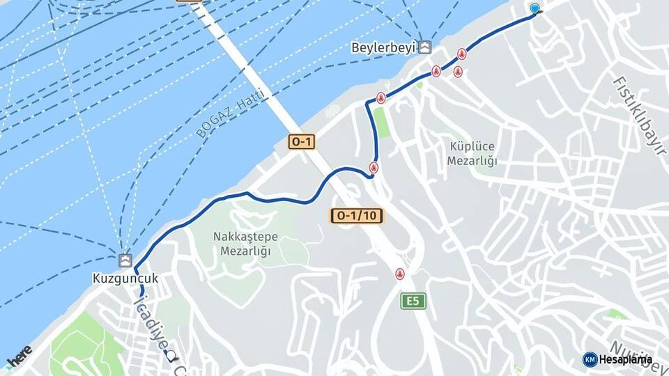 İstanbul Üsküdar Beylerbeyi Kuzguncuk Üsküdar Arası Kaç Km - Yol Haritası