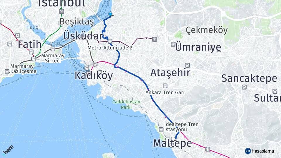 İstanbul Üsküdar Beylerbeyi Maltepe Arası Kaç Km - Yol Haritası