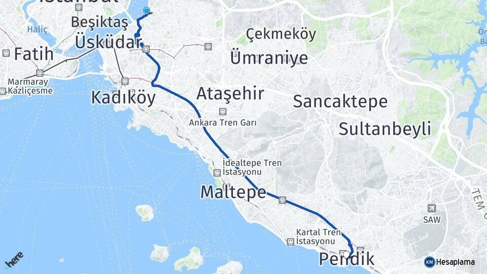 İstanbul Üsküdar Beylerbeyi Pendik Arası Kaç Km - Yol Haritası