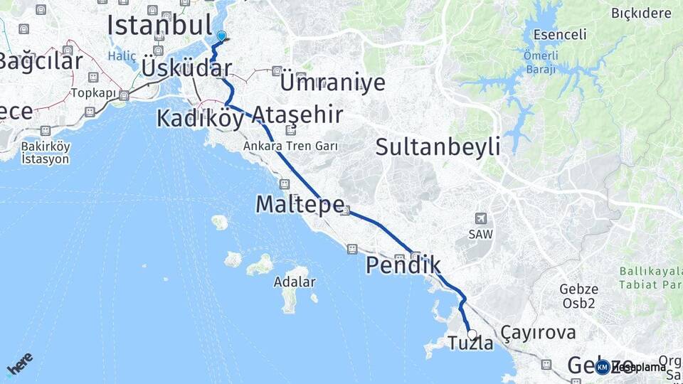 İstanbul Üsküdar Beylerbeyi Tuzla Arası Kaç Km - Yol Haritası
