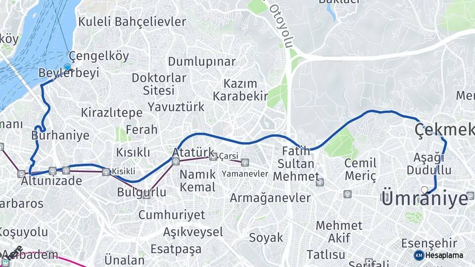 İstanbul Üsküdar Beylerbeyi Ümraniye Arası Kaç Km - Yol Haritası