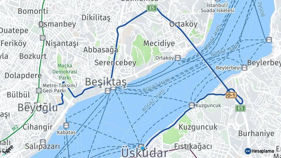 İstanbul Üsküdar Beyoğlu Arası Kaç Km - Yol Haritası