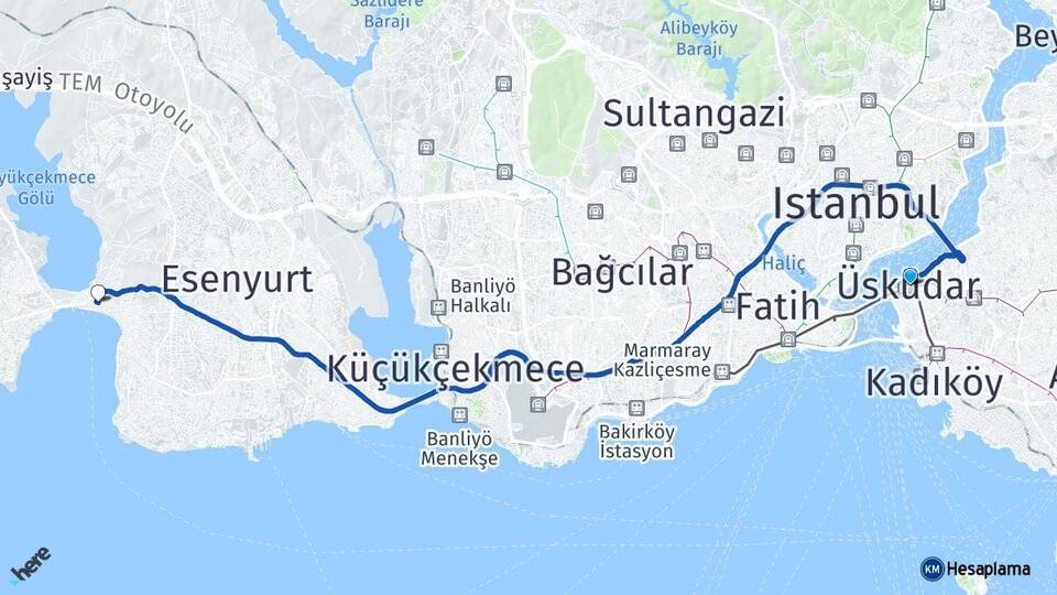 İstanbul Üsküdar Büyükçekmece Arası Kaç Km - Yol Haritası