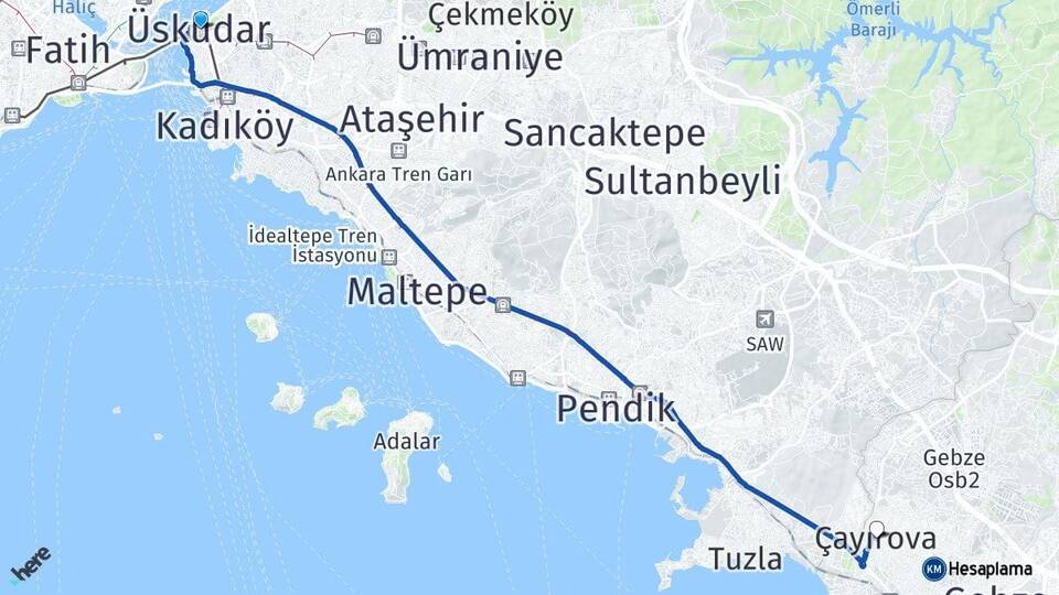 İstanbul Üsküdar Çayırova Kocaeli Arası Kaç Km - Yol Haritası