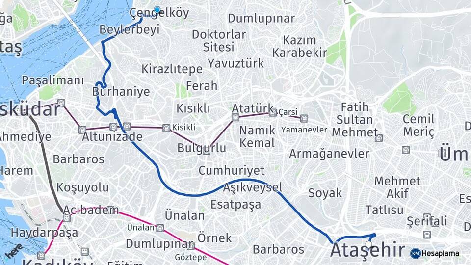 İstanbul Üsküdar Çengelköy Ataşehir Arası Kaç Km - Yol Haritası