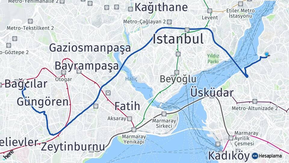 İstanbul Üsküdar Çengelköy Bağcılar Arası Kaç Km - Yol Haritası