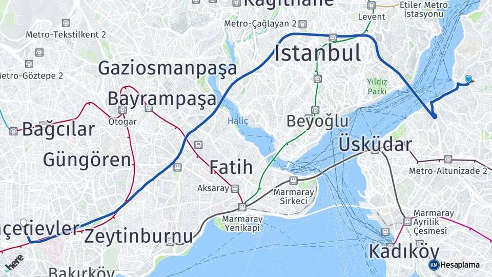 İstanbul Üsküdar Çengelköy Bahçelievler Arası Kaç Km - Yol Haritası