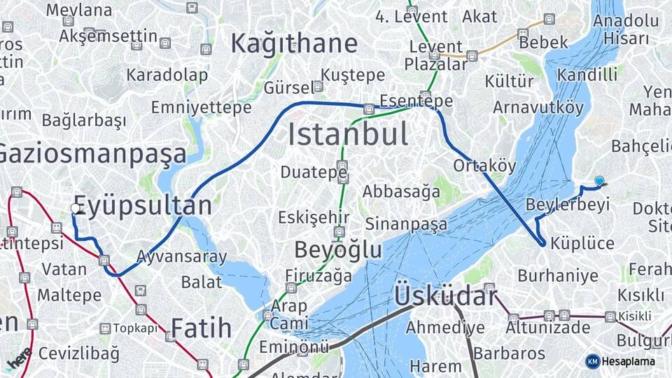 İstanbul Üsküdar Çengelköy Bayrampaşa Arası Kaç Km - Yol Haritası