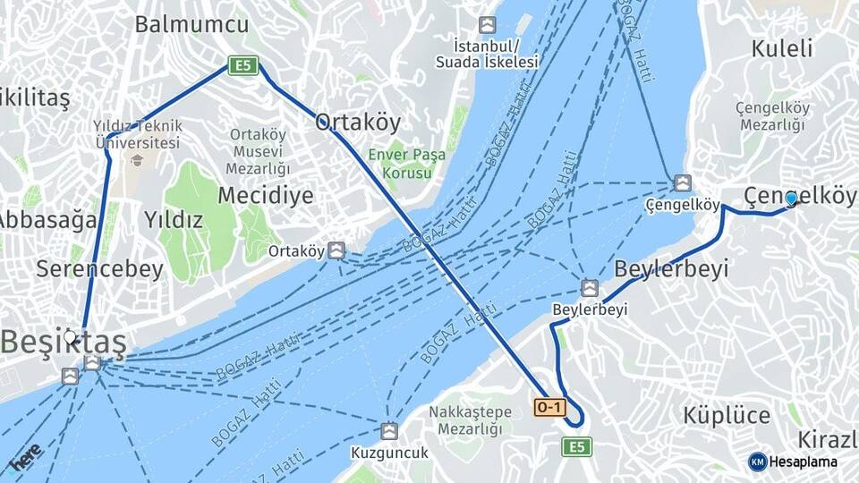 İstanbul Üsküdar Çengelköy Beşiktaş Arası Kaç Km - Yol Haritası