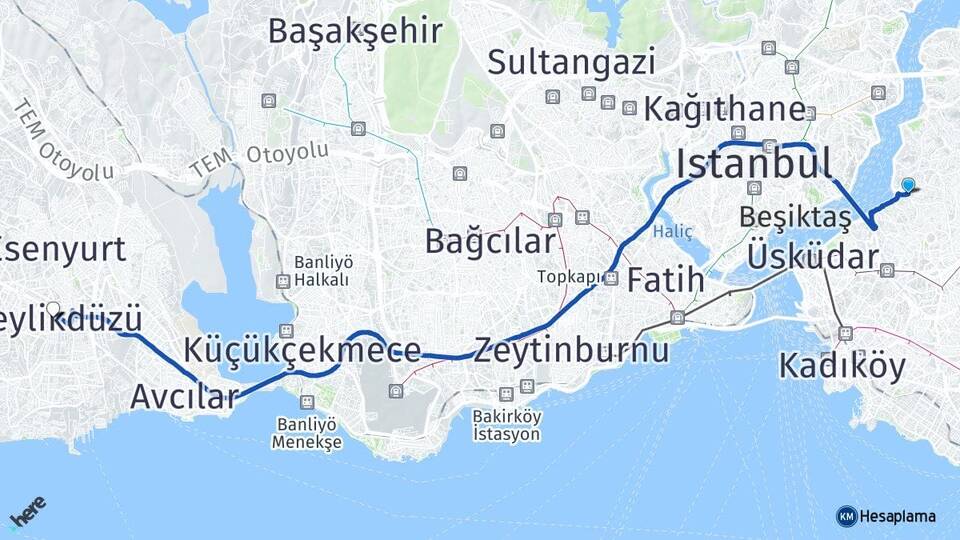 İstanbul Üsküdar Çengelköy Beylikdüzü Arası Kaç Km - Yol Haritası