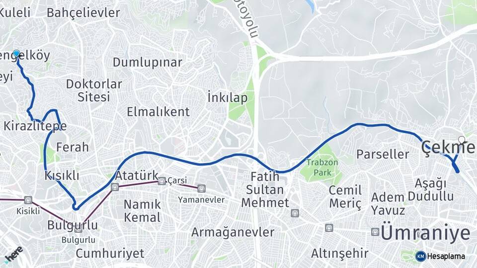 İstanbul Üsküdar Çengelköy Çekmeköy Arası Kaç Km - Yol Haritası