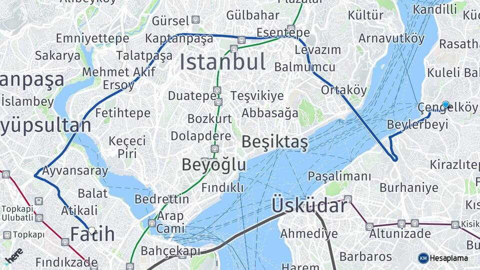 İstanbul Üsküdar Çengelköy Fatih Arası Kaç Km - Yol Haritası