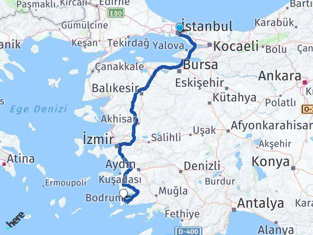İstanbul Üsküdar Çengelköy Gündoğan Bodrum Muğla Arası Kaç Km - Yol Haritası