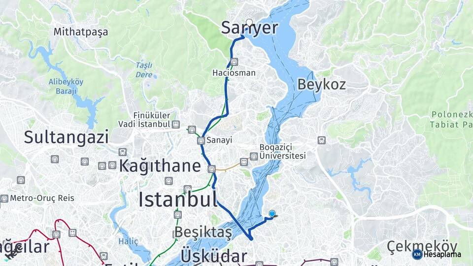 İstanbul Üsküdar Çengelköy Sarıyer Arası Kaç Km - Yol Haritası