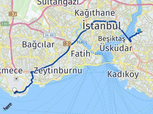 İstanbul Üsküdar Çengelköy Yeşilköy Bakırköy Arası Kaç Km - Yol Haritası