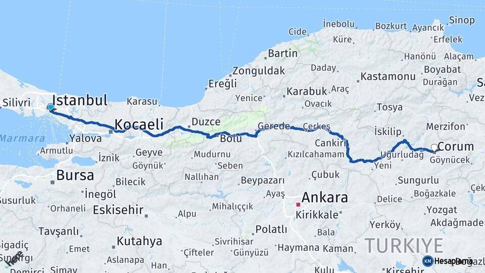 İstanbul Üsküdar Çorum Arası Kaç Km - Yol Haritası