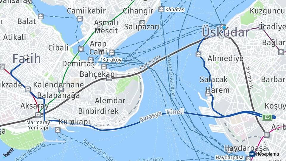 İstanbul Üsküdar Fatih Arası Kaç Km - Yol Haritası