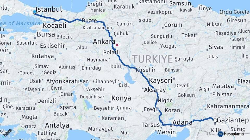 İstanbul Üsküdar Gaziantep Arası Kaç Km - Yol Haritası