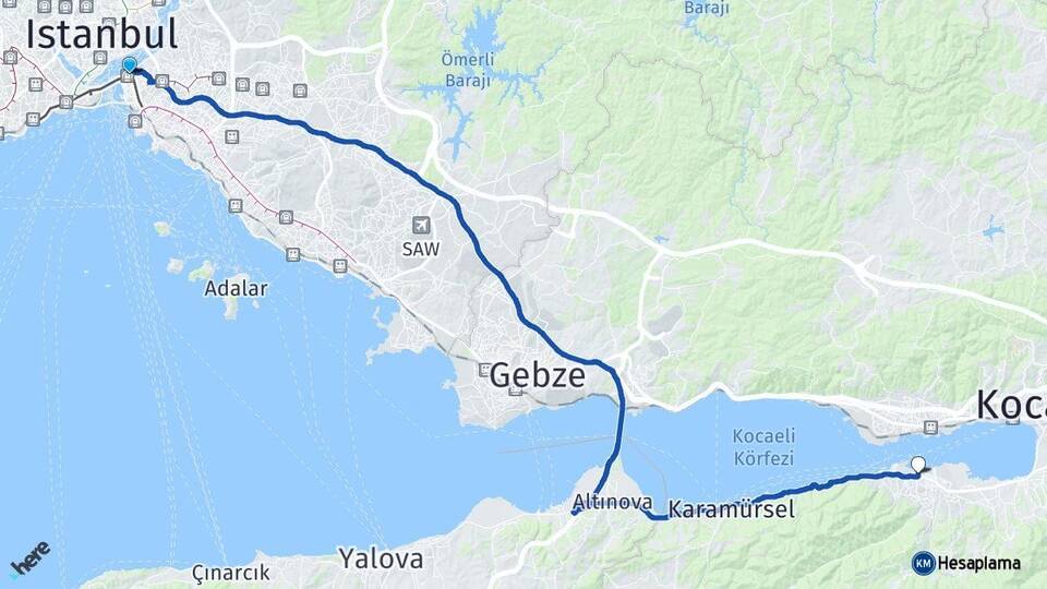 İstanbul Üsküdar Gölcük Kocaeli Arası Kaç Km - Yol Haritası