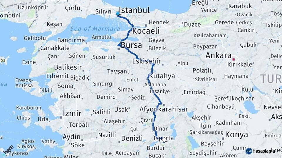 İstanbul Üsküdar Isparta Arası Kaç Km - Yol Haritası