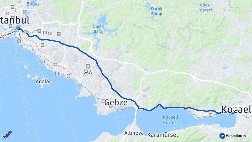 İstanbul Üsküdar İzmit Kocaeli Arası Kaç Km - Yol Haritası
