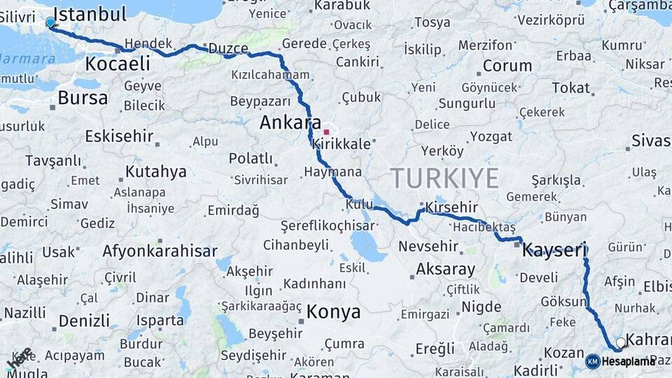 İstanbul Üsküdar Kahramanmaraş Arası Kaç Km - Yol Haritası