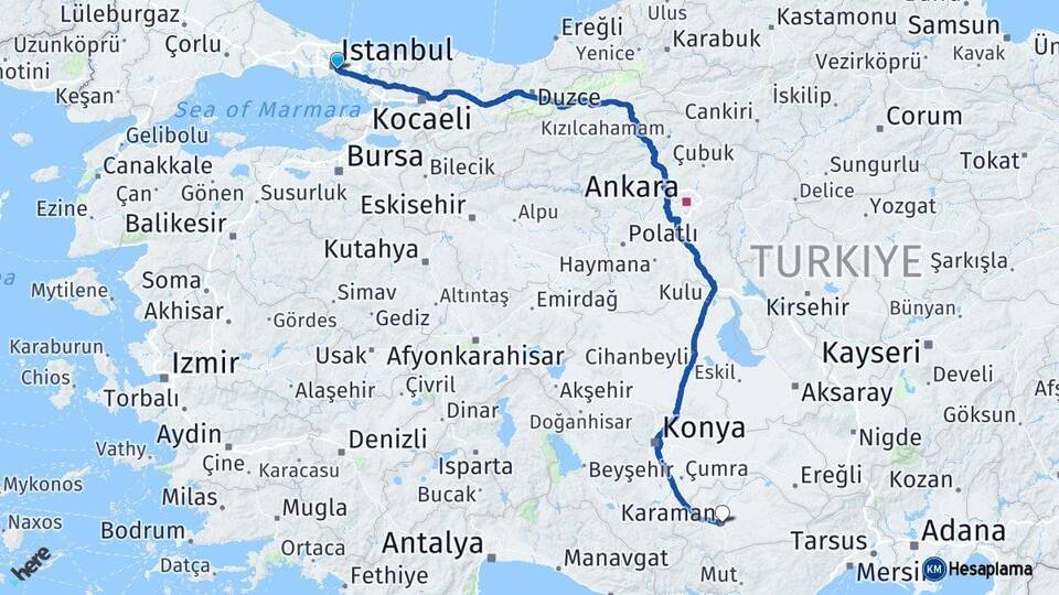 İstanbul Üsküdar Karaman Arası Kaç Km - Yol Haritası