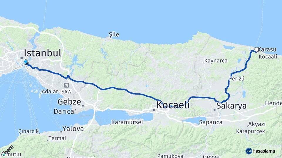 İstanbul Üsküdar Karasu Sakarya Arası Kaç Km - Yol Haritası