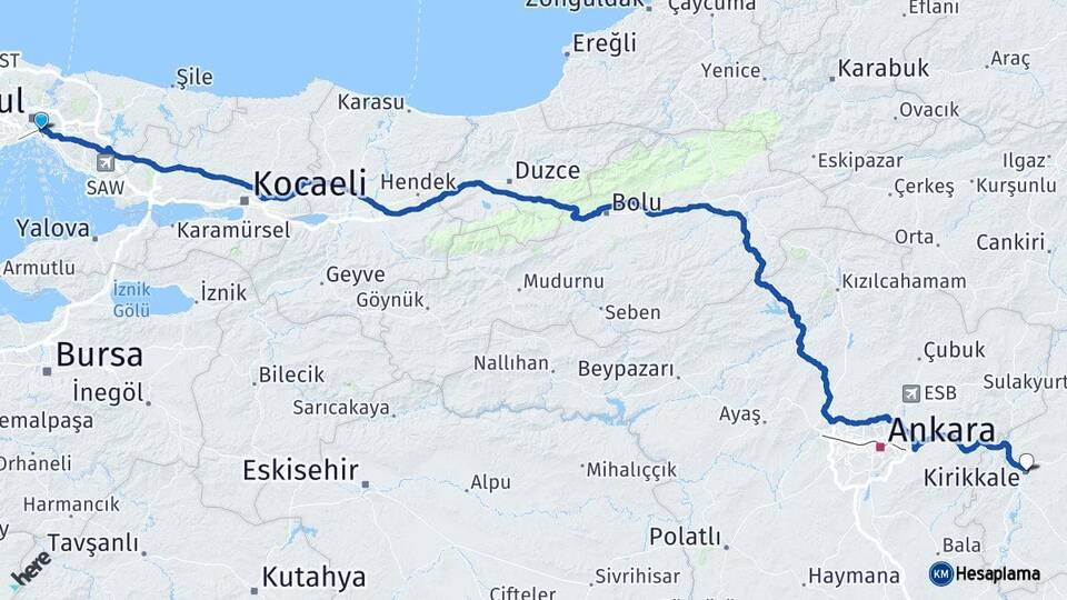İstanbul Üsküdar Kırıkkale Arası Kaç Km - Yol Haritası
