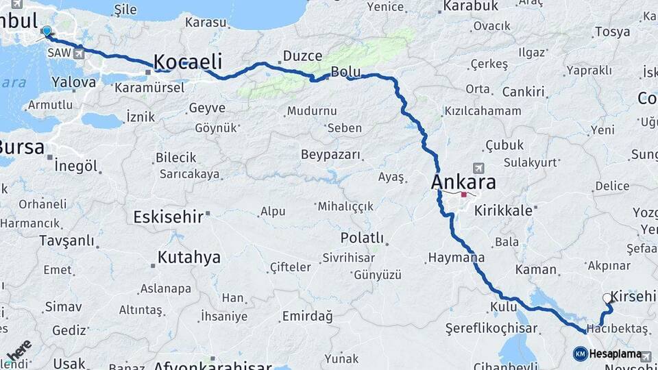 İstanbul Üsküdar Kırşehir Arası Kaç Km - Yol Haritası