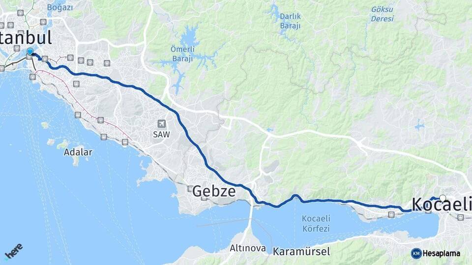 İstanbul Üsküdar Kocaeli Arası Kaç Km - Yol Haritası