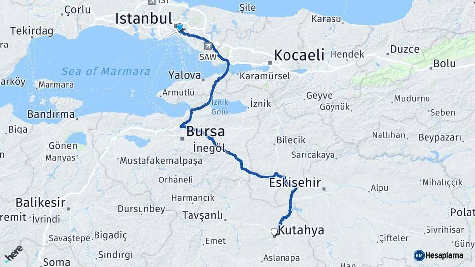 İstanbul Üsküdar Kütahya Arası Kaç Km - Yol Haritası