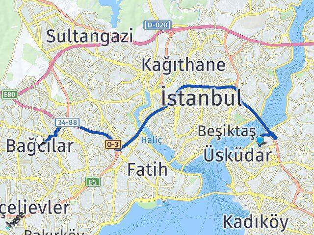 İstanbul Üsküdar Kuzguncuk Bağcılar Arası Kaç Km - Yol Haritası