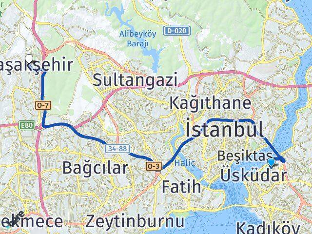 İstanbul Üsküdar Kuzguncuk Başakşehir Arası Kaç Km - Yol Haritası