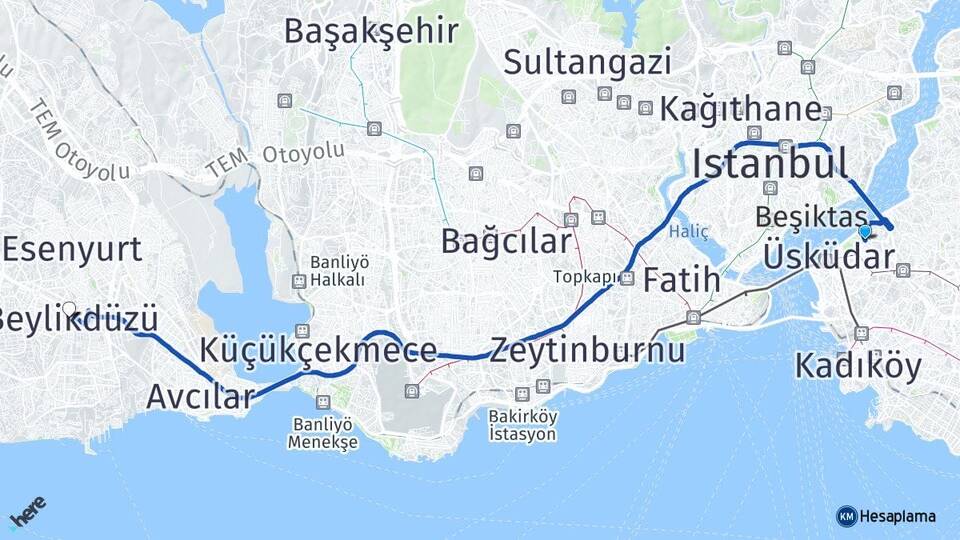 İstanbul Üsküdar Kuzguncuk Beylikdüzü Arası Kaç Km - Yol Haritası