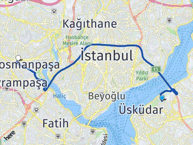 İstanbul Üsküdar Kuzguncuk Gaziosmanpaşa Arası Kaç Km - Yol Haritası