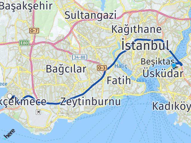 İstanbul Üsküdar Kuzguncuk Küçükçekmece Arası Kaç Km - Yol Haritası