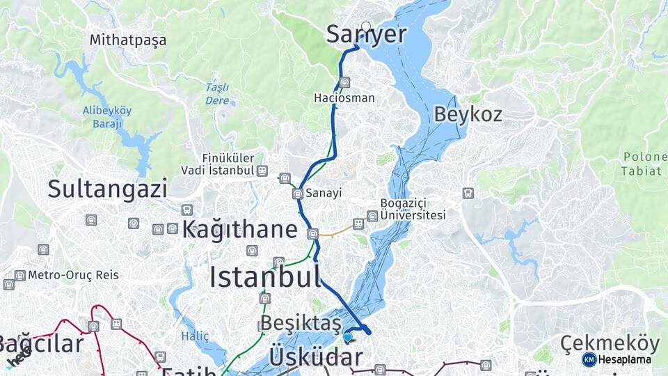 İstanbul Üsküdar Kuzguncuk Sarıyer Arası Kaç Km - Yol Haritası
