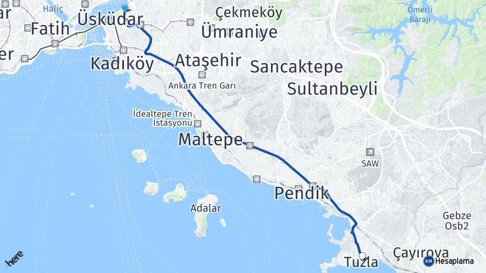 İstanbul Üsküdar Kuzguncuk Tuzla Arası Kaç Km - Yol Haritası