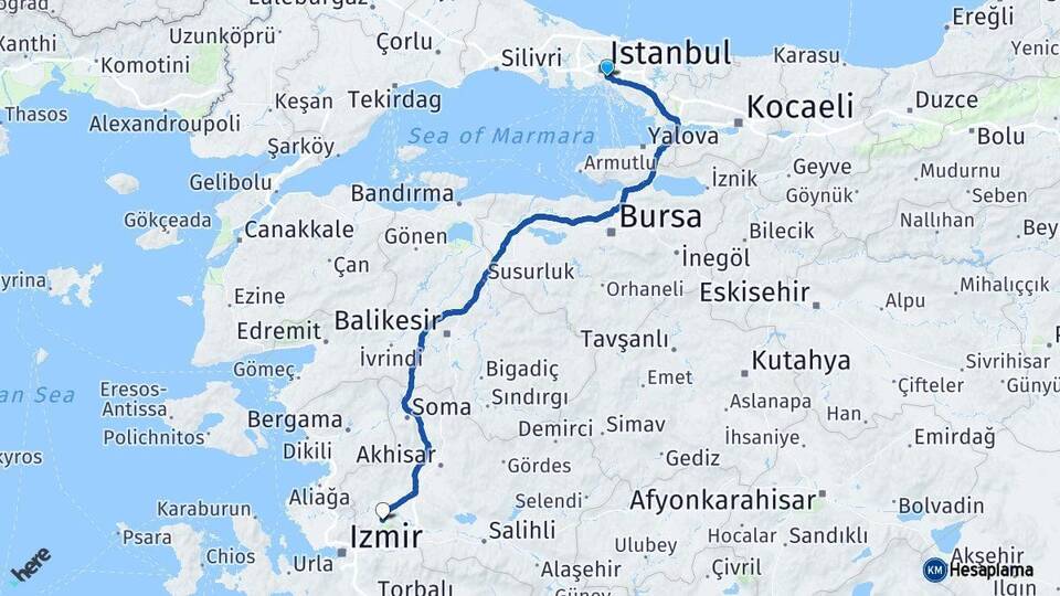 İstanbul Üsküdar Manisa Arası Kaç Km - Yol Haritası