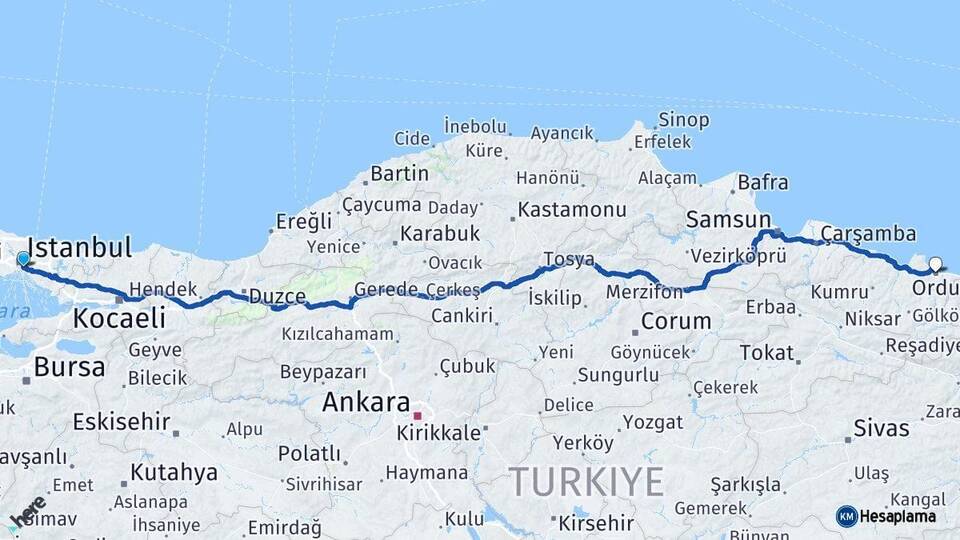 İstanbul Üsküdar Ordu Arası Kaç Km - Yol Haritası