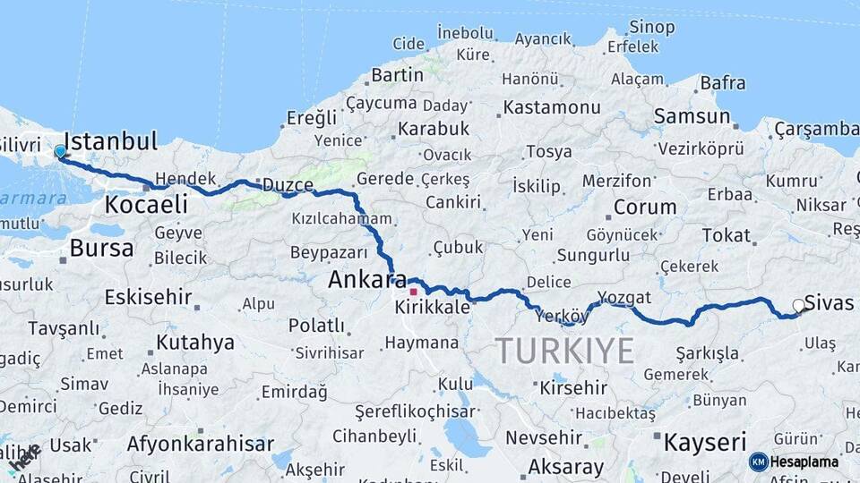 İstanbul Üsküdar Sivas Arası Kaç Km - Yol Haritası