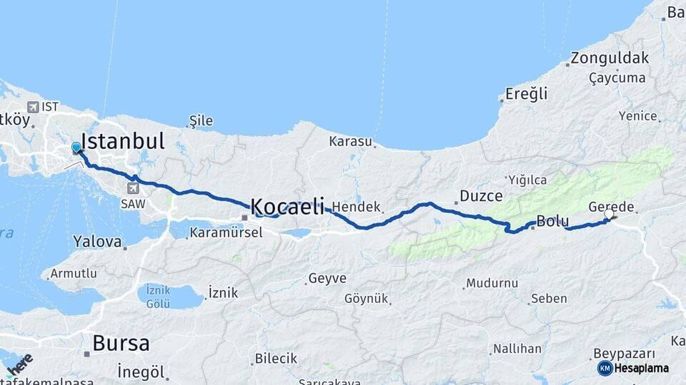 İstanbul Yeniçağa Bolu Arası Kaç Km - Yol Haritası