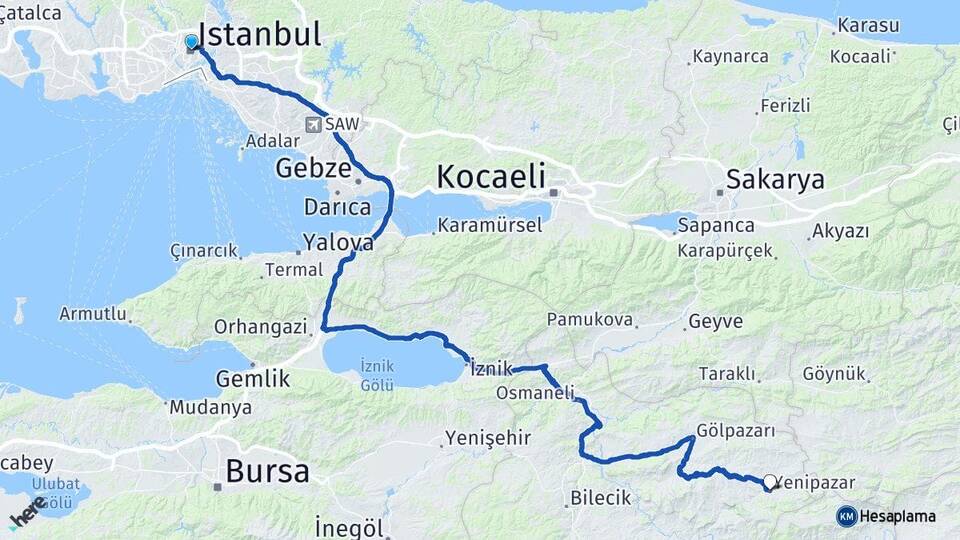 İstanbul Yenipazar Bilecik Arası Kaç Km - Yol Haritası