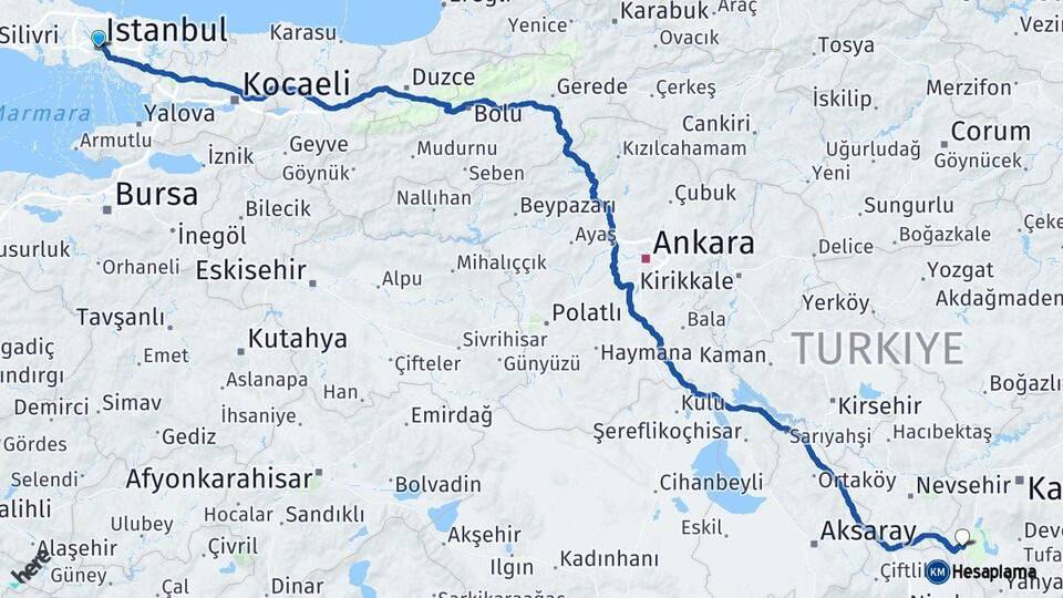 İstanbul Yeşilhisar Kayseri Arası Kaç Km - Yol Haritası