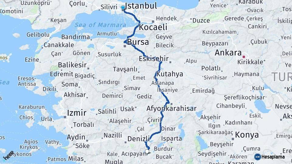 İstanbul Yeşilova Burdur Arası Kaç Km - Yol Haritası
